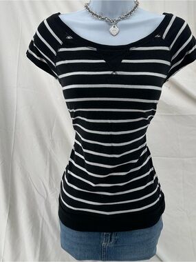 Grunge Striped Poof! Y2K Black and White Top